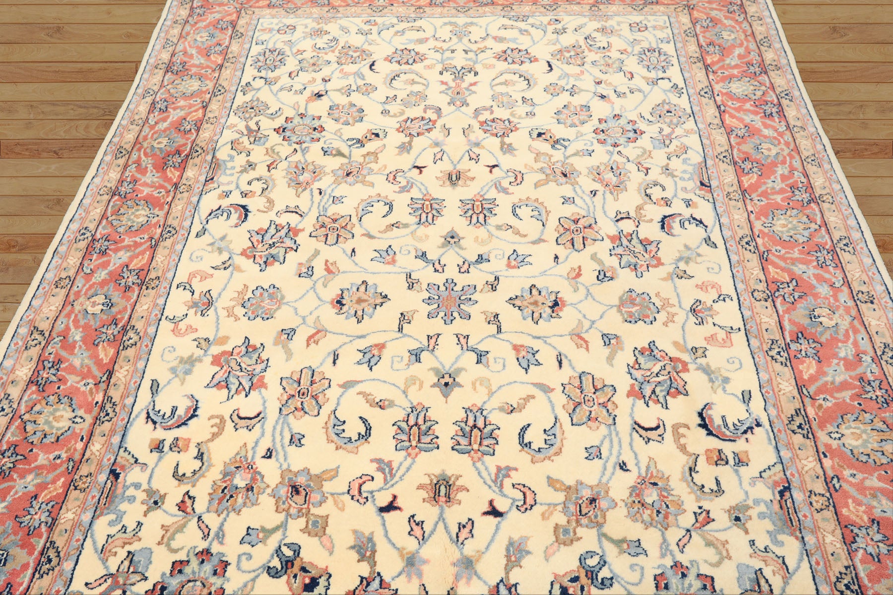 6x9 Ivory, Rose, Blue Color Hand Knotted Indo Kashan Wool Traditional Oriental Rug