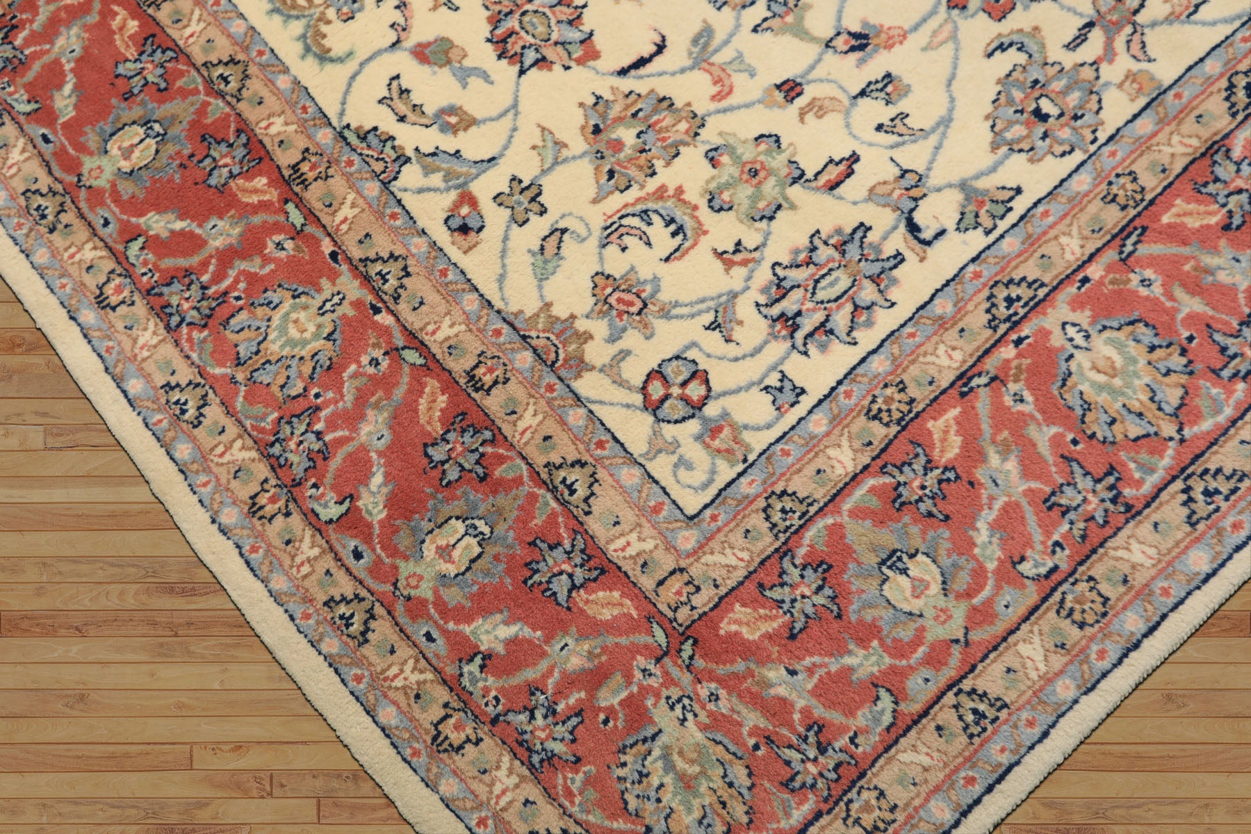 6x9 Ivory, Rose, Blue Color Hand Knotted Indo Kashan Wool Traditional Oriental Rug