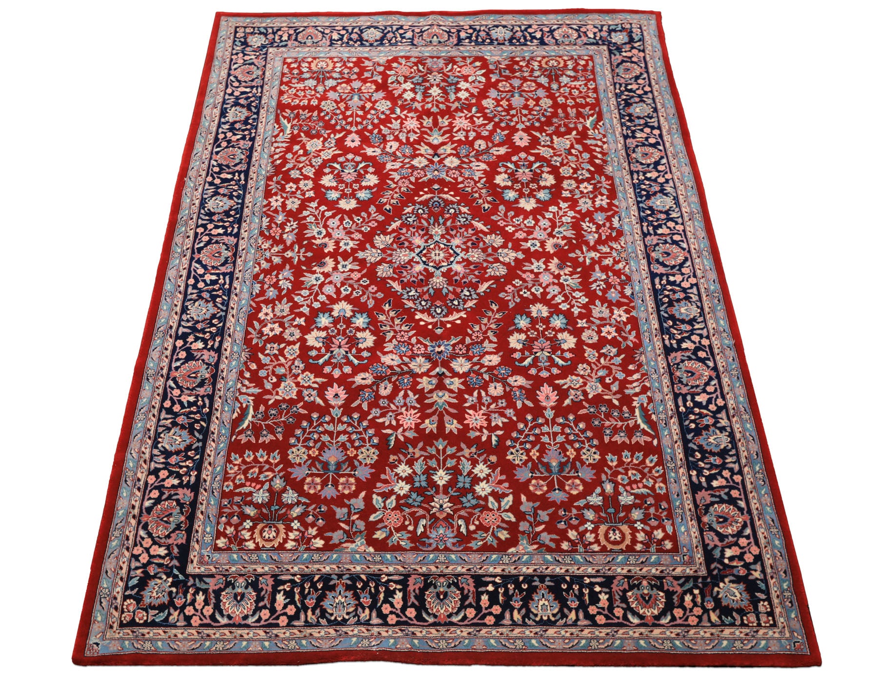 6x9 Red, Navy, Ivory Color Hand Knotted Indo Kashan New Zealand Wool Traditional Oriental Rug