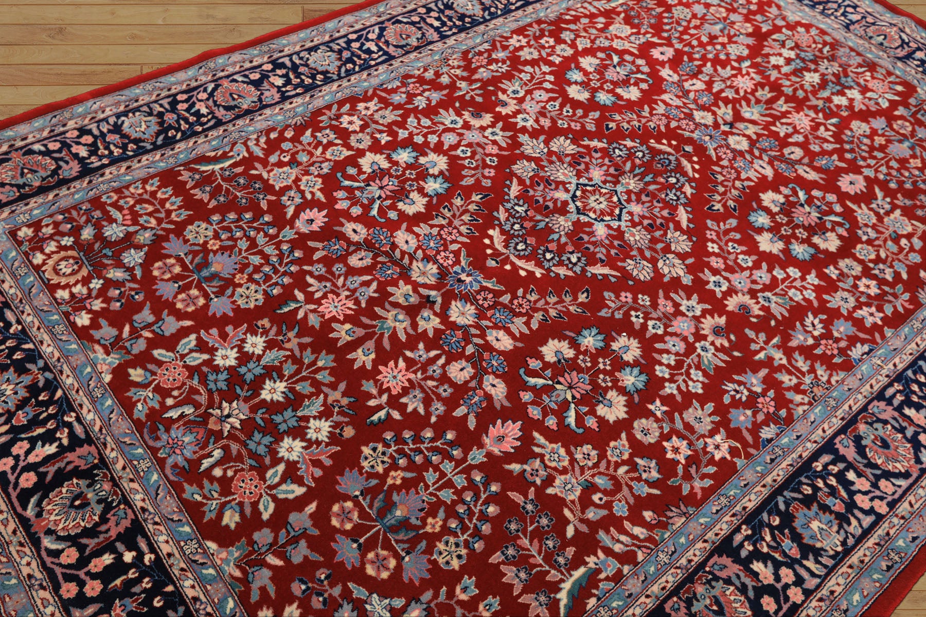 6x9 Red, Navy, Ivory Color Hand Knotted Indo Kashan New Zealand Wool Traditional Oriental Rug
