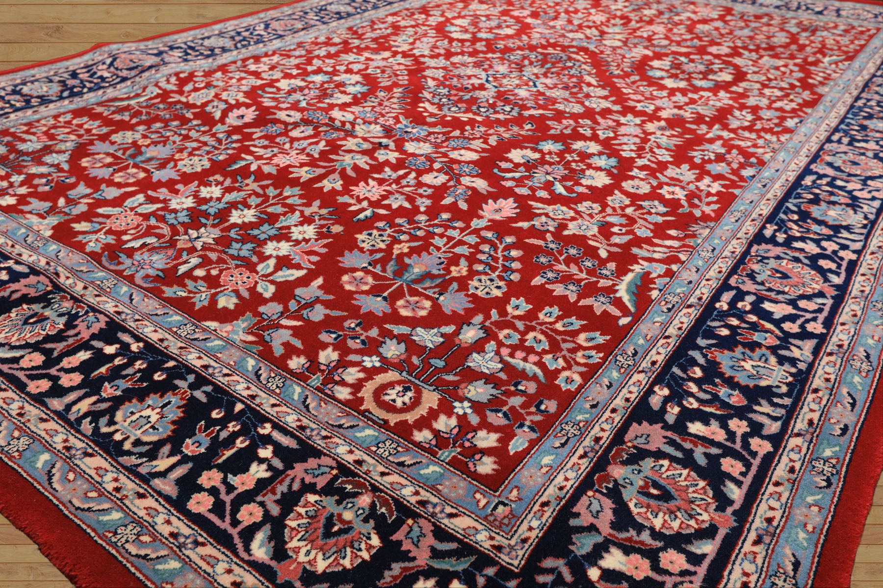 6x9 Red, Navy, Ivory Color Hand Knotted Indo Kashan New Zealand Wool Traditional Oriental Rug