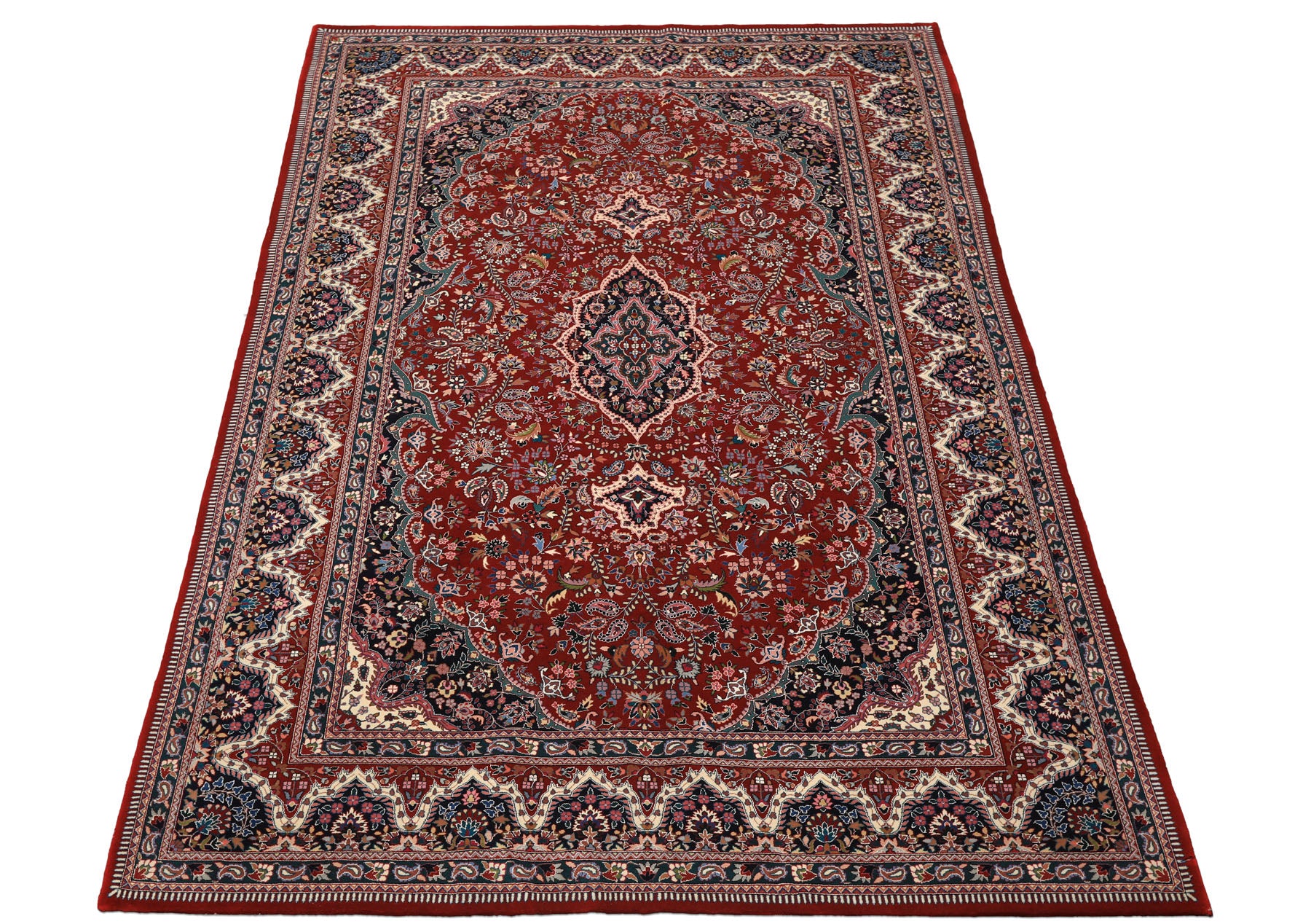 6x9 Red, Ivory, Navy Color Hand Knotted Pak Persian Wool & Silk Traditional Oriental Rug