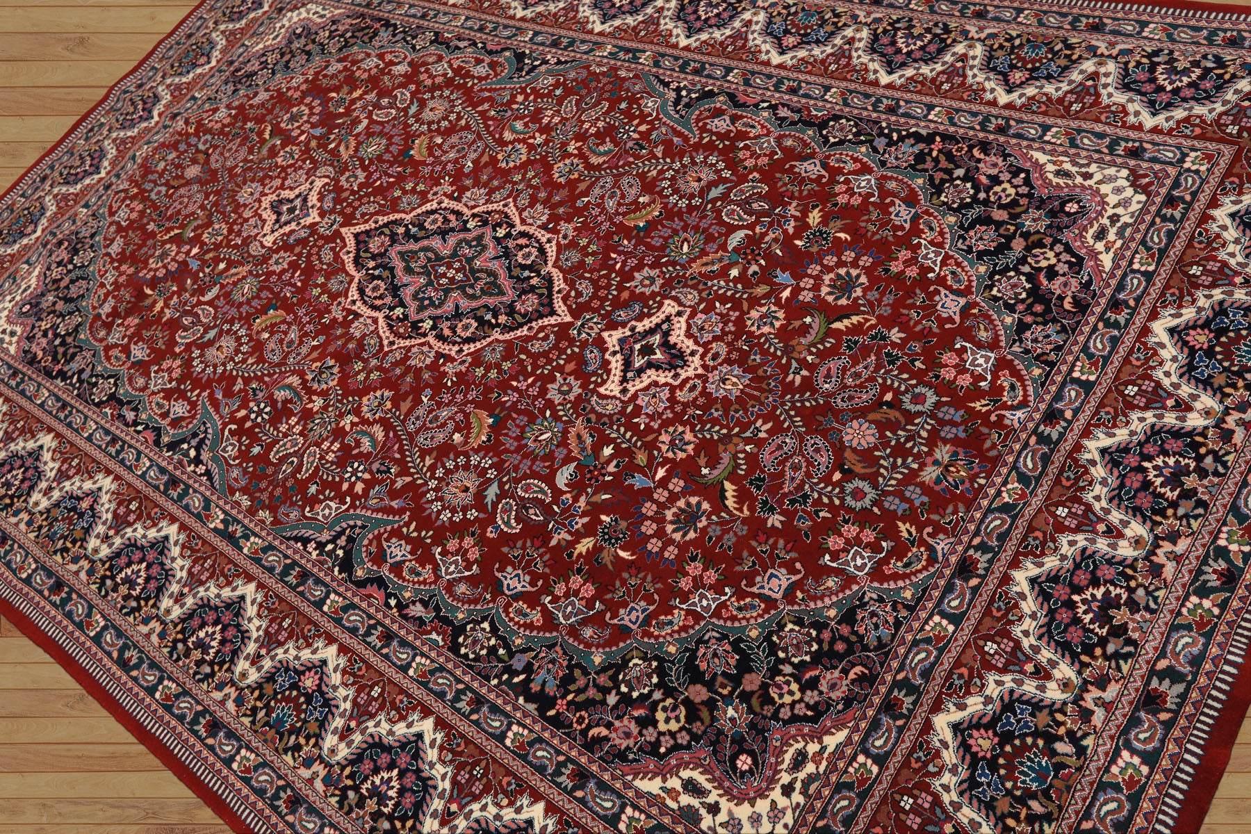 6x9 Red, Ivory, Navy Color Hand Knotted Pak Persian Wool & Silk Traditional Oriental Rug