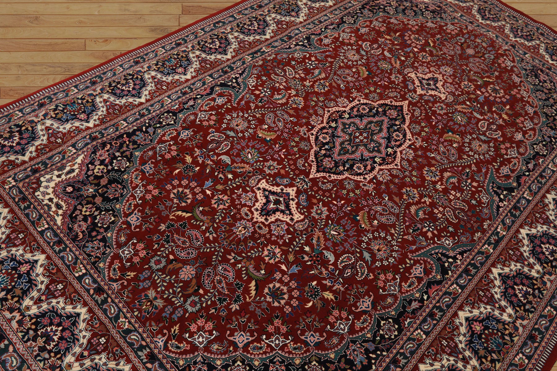 6x9 Red, Ivory, Navy Color Hand Knotted Pak Persian Wool & Silk Traditional Oriental Rug
