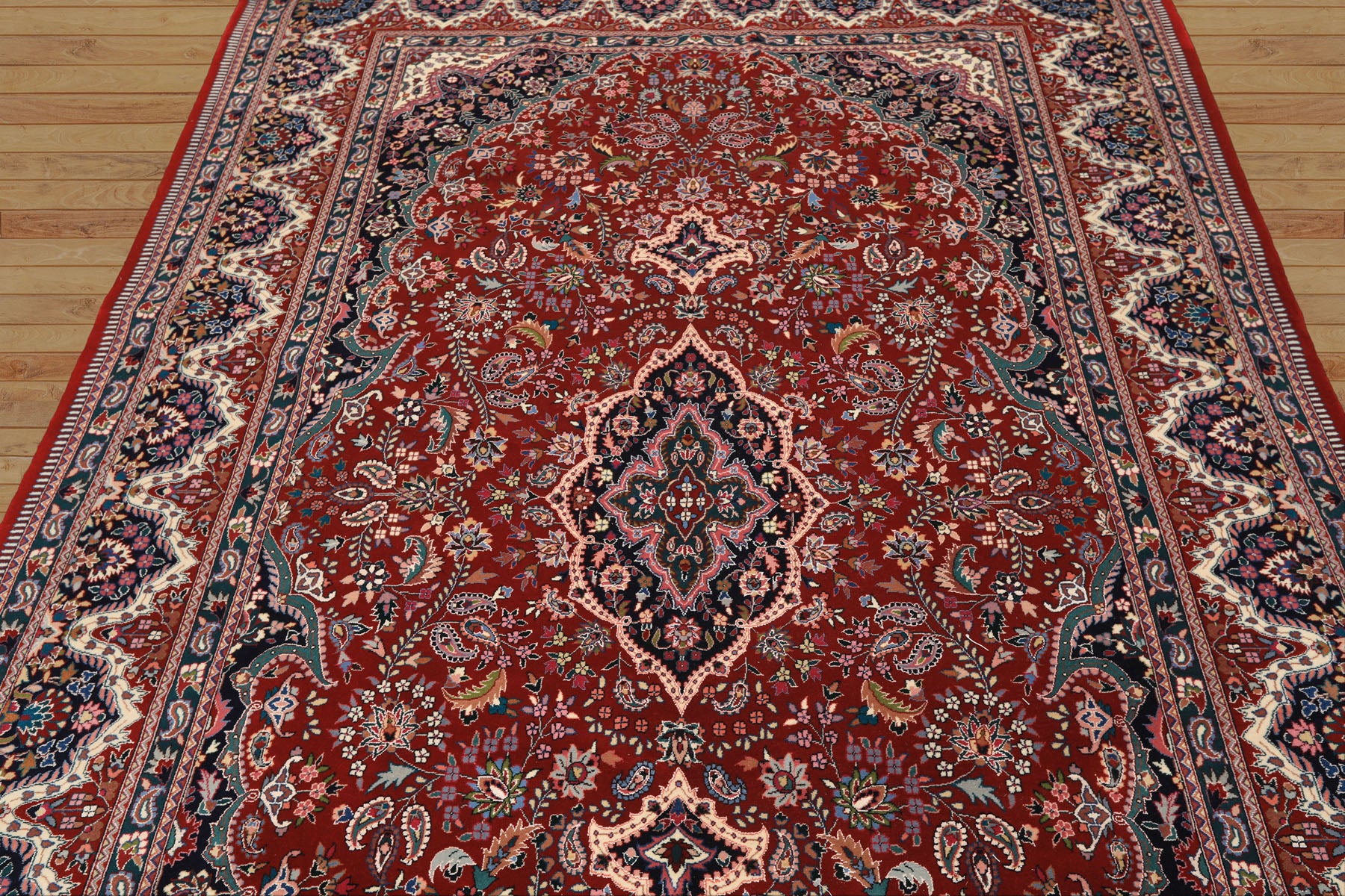 6x9 Red, Ivory, Navy Color Hand Knotted Pak Persian Wool & Silk Traditional Oriental Rug