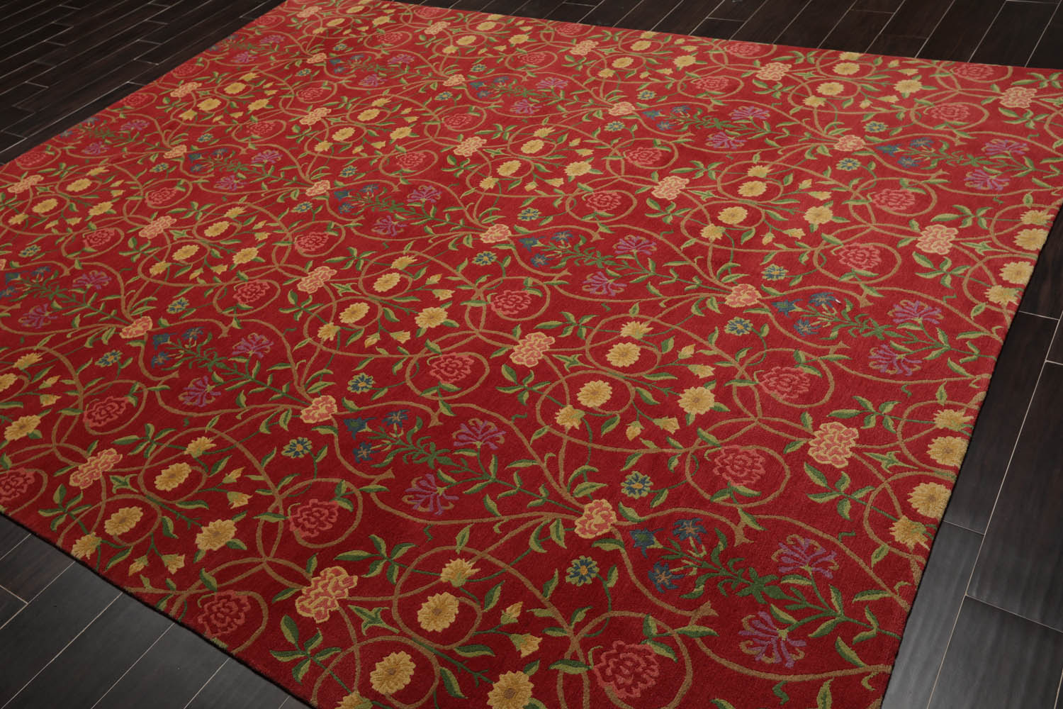 8x10 Coral, Green, Gold Color Hand Knotted All-Over 100% Wool Transitional Oriental Rug