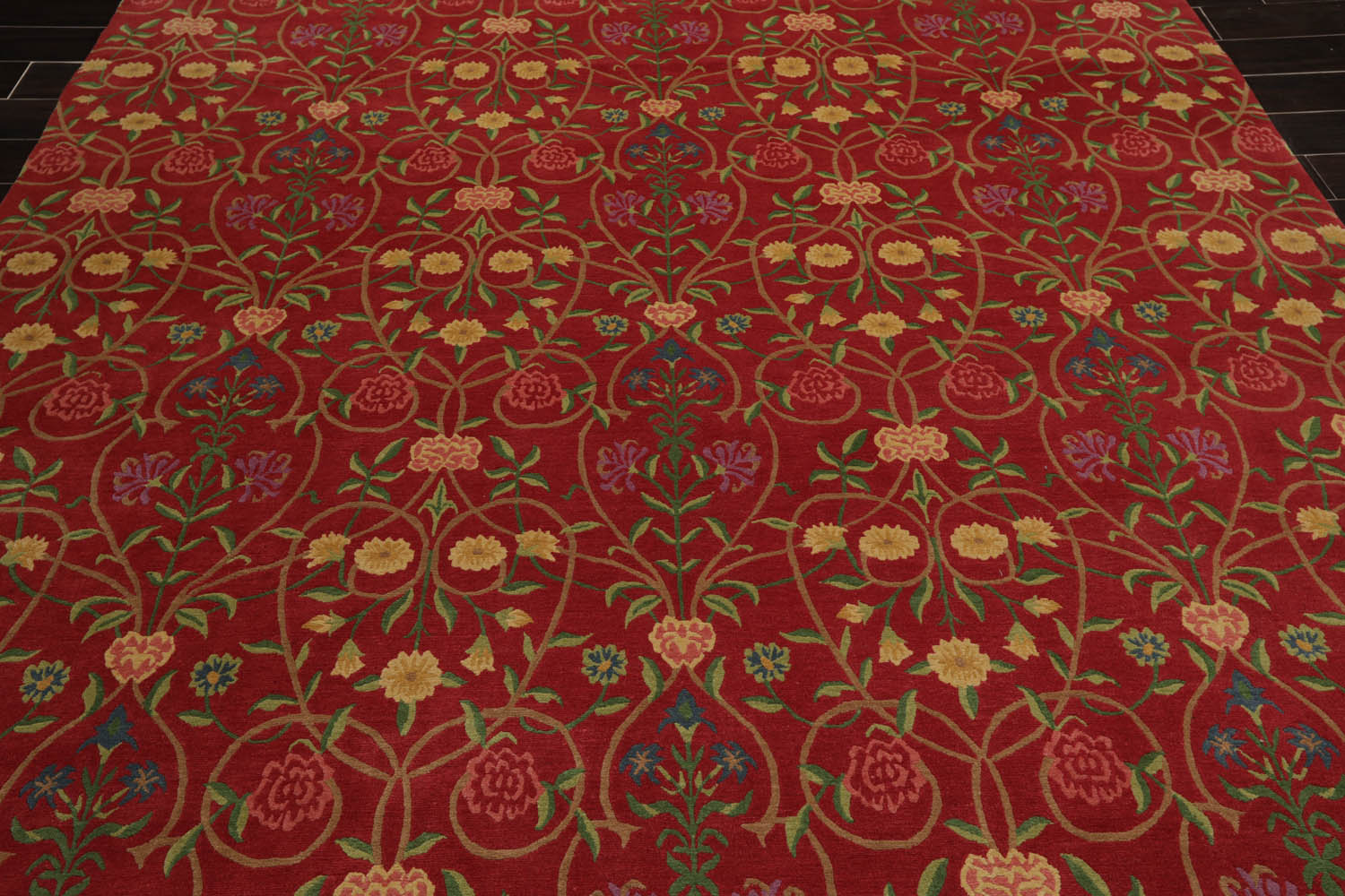 8x10 Coral, Green, Gold Color Hand Knotted All-Over 100% Wool Transitional Oriental Rug