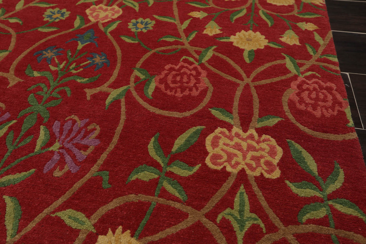 8x10 Coral, Green, Gold Color Hand Knotted All-Over 100% Wool Transitional Oriental Rug