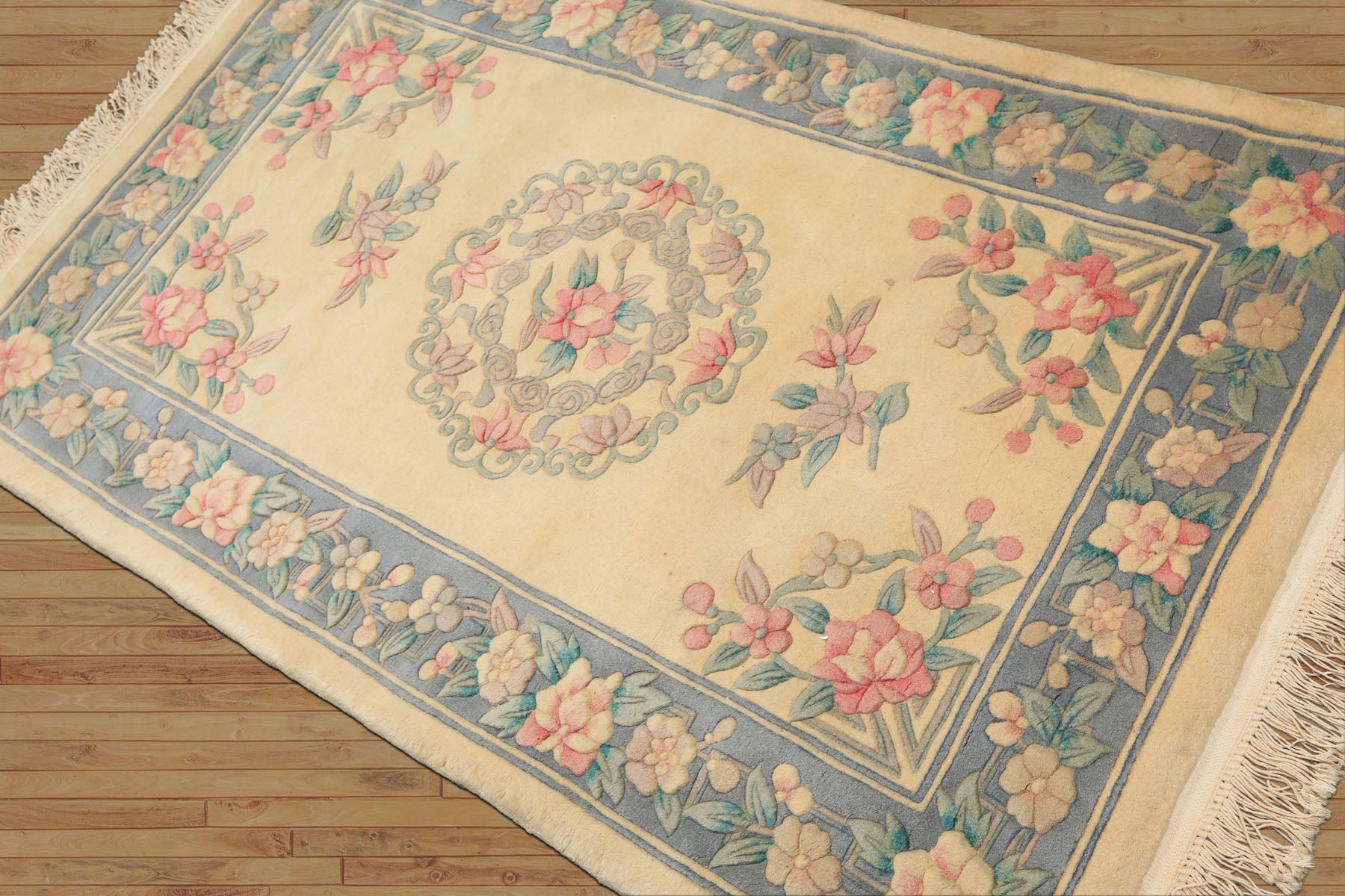 3x5 Ivory, Aqua, Blue Color Hand Knotted French Aubusson Savonerrie Wool Traditional Oriental Rug