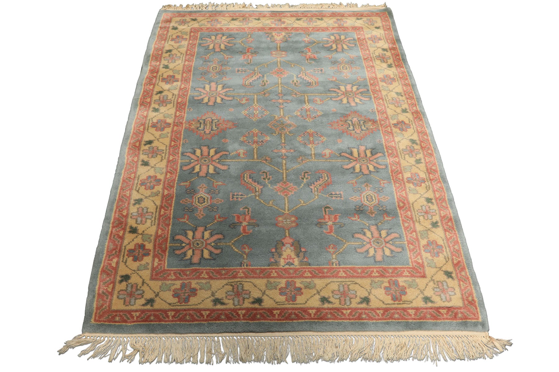 4x6 Aqua, Rose, Gold Color Hand Knotted Indo Oushak Wool Arts & Crafts Oriental Rug