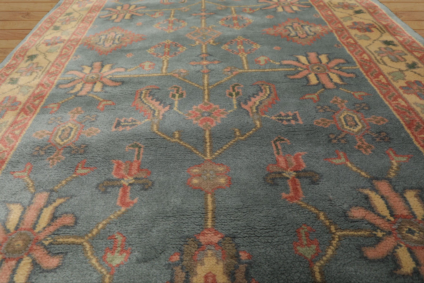 4x6 Aqua, Rose, Gold Color Hand Knotted Indo Oushak Wool Arts & Crafts Oriental Rug