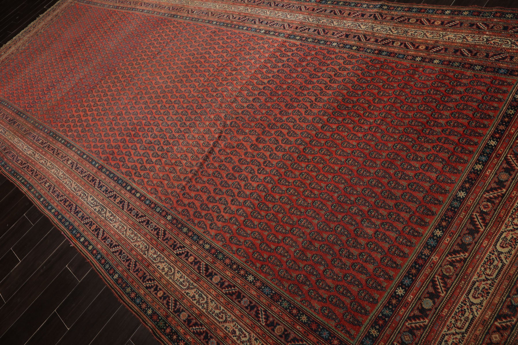 7x15 Antique Rose, Ivory, Navy Color Hand Knotted Antique Serabend Wool Traditional Oriental Rug