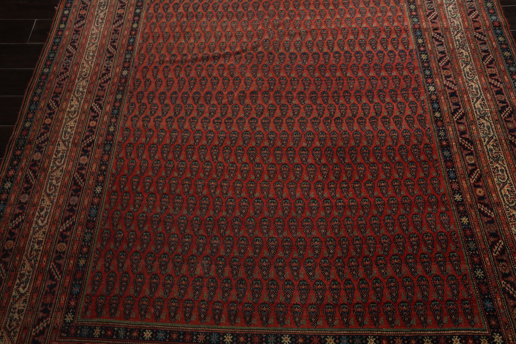 7x15 Antique Rose, Ivory, Navy Color Hand Knotted Antique Serabend Wool Traditional Oriental Rug