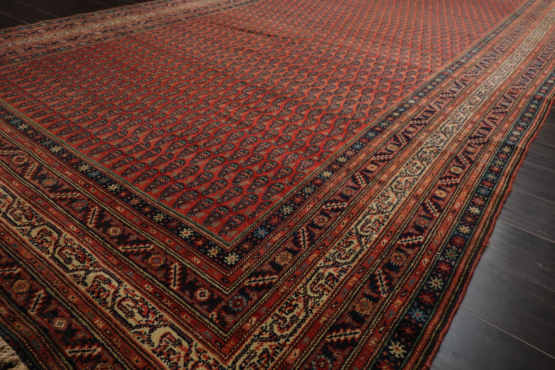 7x15 Antique Rose, Ivory, Navy Color Hand Knotted Antique Serabend Wool Traditional Oriental Rug