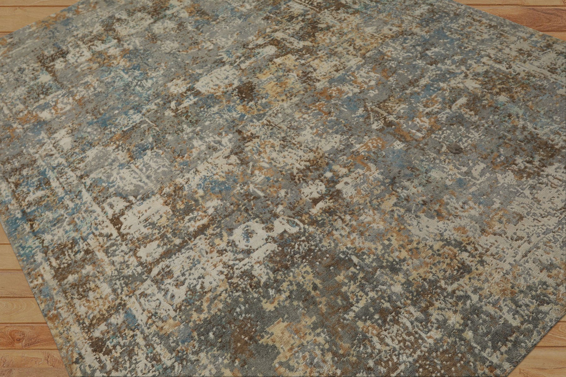 6x9 Gray, Ivory, Aqua Color Hand Knotted Sherpa Wool & Bamboo Silk Modern Oriental Rug