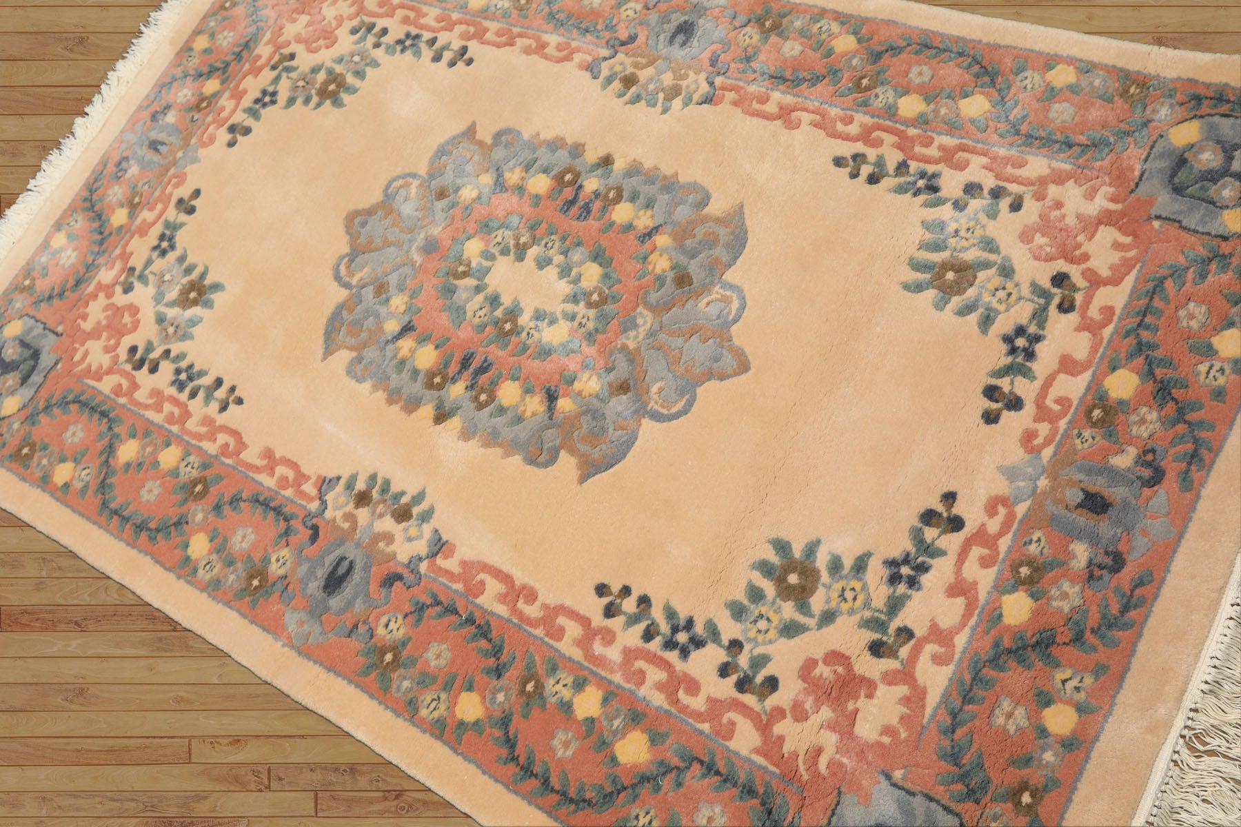 4x6 Peach, Blush, Blue Color Hand Knotted French Aubusson Savonerrie Wool Traditional Oriental Rug