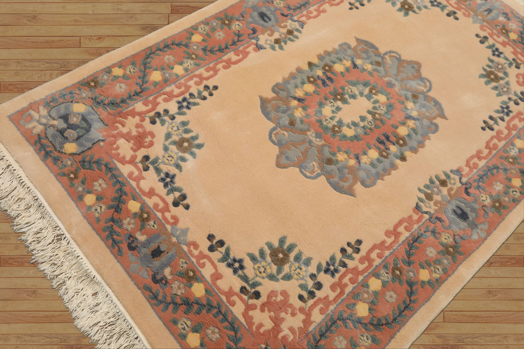 4x6 Peach, Blush, Blue Color Hand Knotted French Aubusson Savonerrie Wool Traditional Oriental Rug