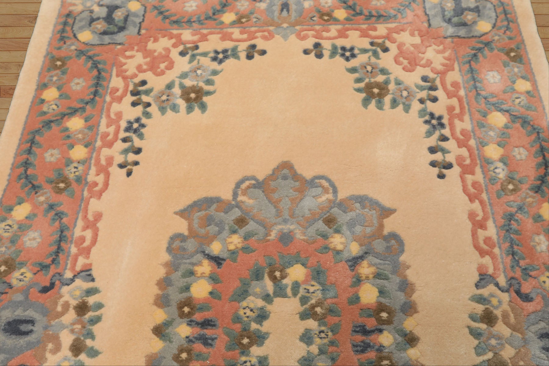 4x6 Peach, Blush, Blue Color Hand Knotted French Aubusson Savonerrie Wool Traditional Oriental Rug