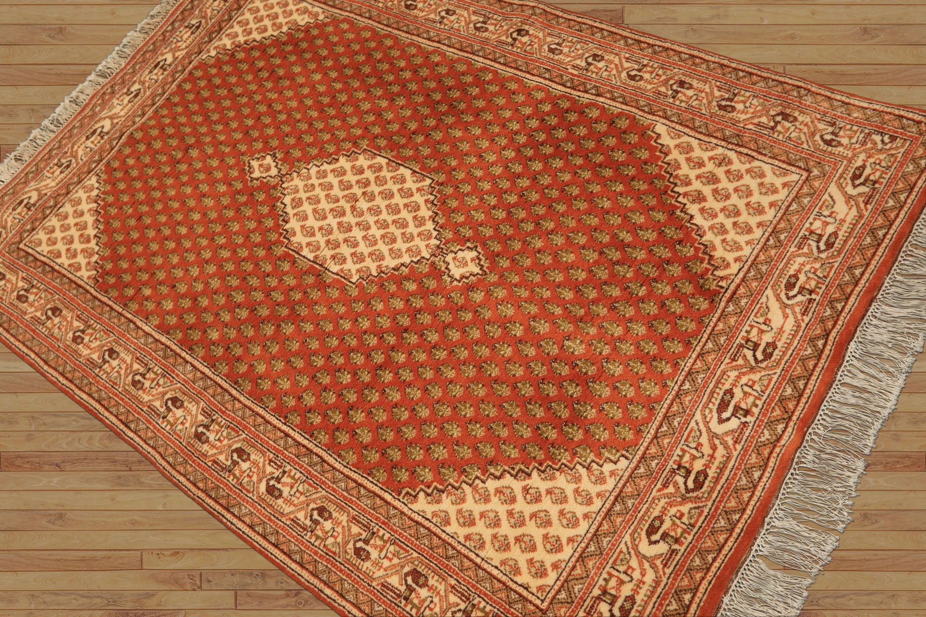 4x6 Burnt Orange, Ivory, Lime Color Hand Knotted Paisley Wool Traditional Oriental Rug