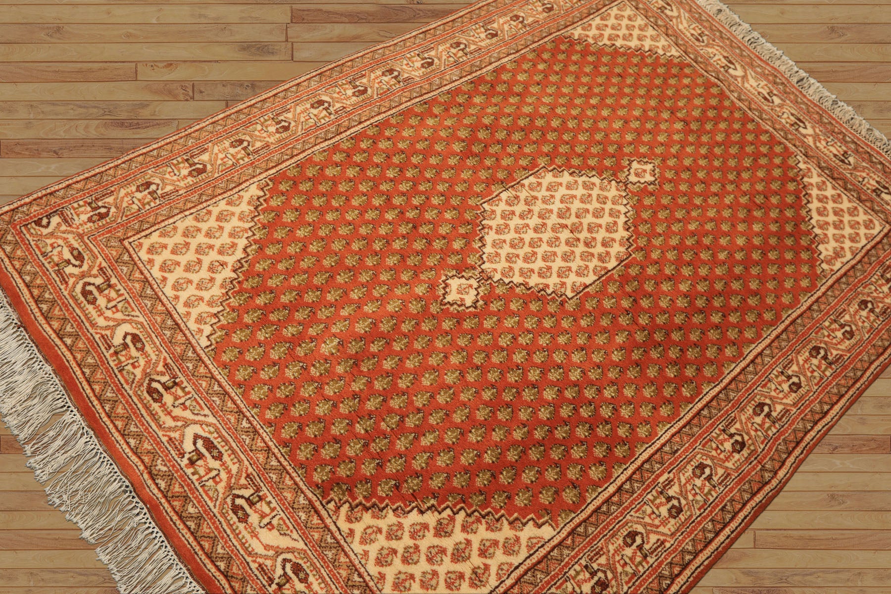 4x6 Burnt Orange, Ivory, Lime Color Hand Knotted Paisley Wool Traditional Oriental Rug