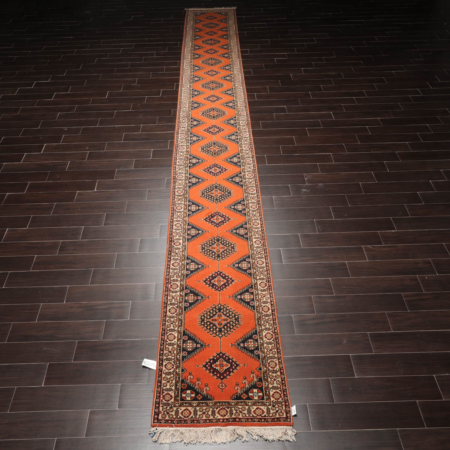 Runner Orange, Ivory, Midnight Blue Color Hand Knotted All-Over 100% Wool Traditional Oriental Rug