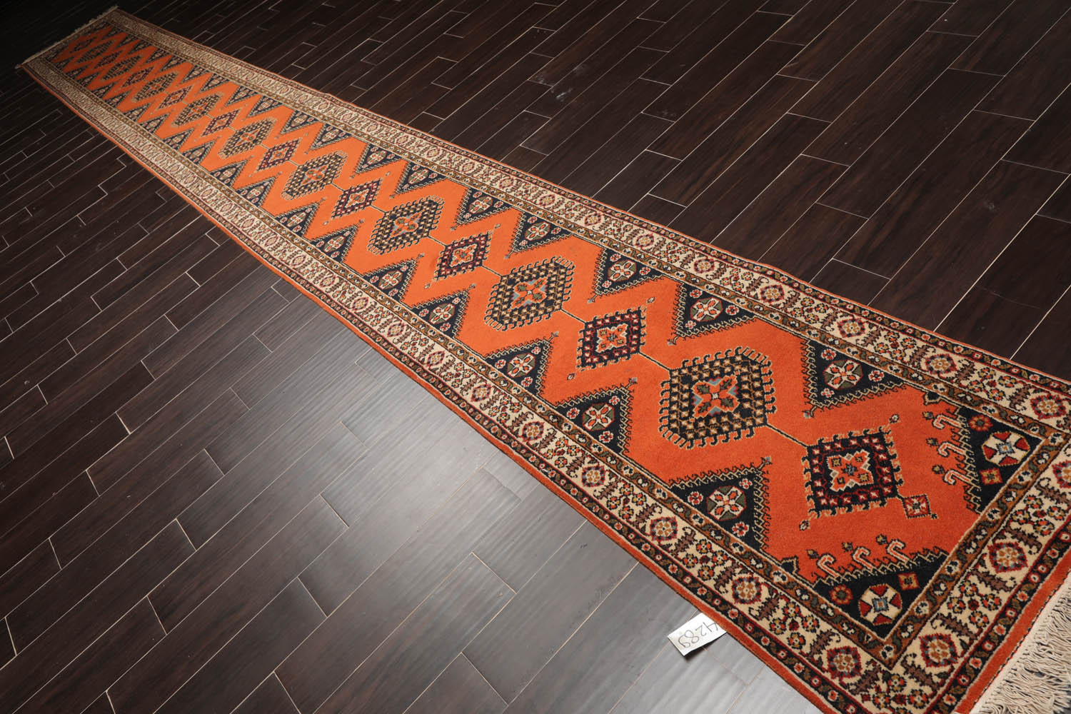 Runner Orange, Ivory, Midnight Blue Color Hand Knotted All-Over 100% Wool Traditional Oriental Rug
