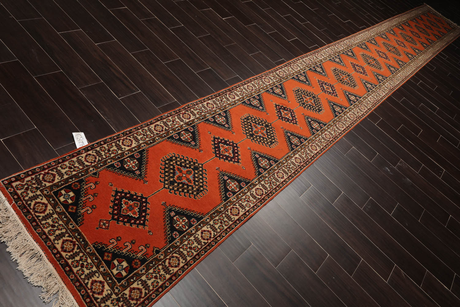 Runner Orange, Ivory, Midnight Blue Color Hand Knotted All-Over 100% Wool Traditional Oriental Rug