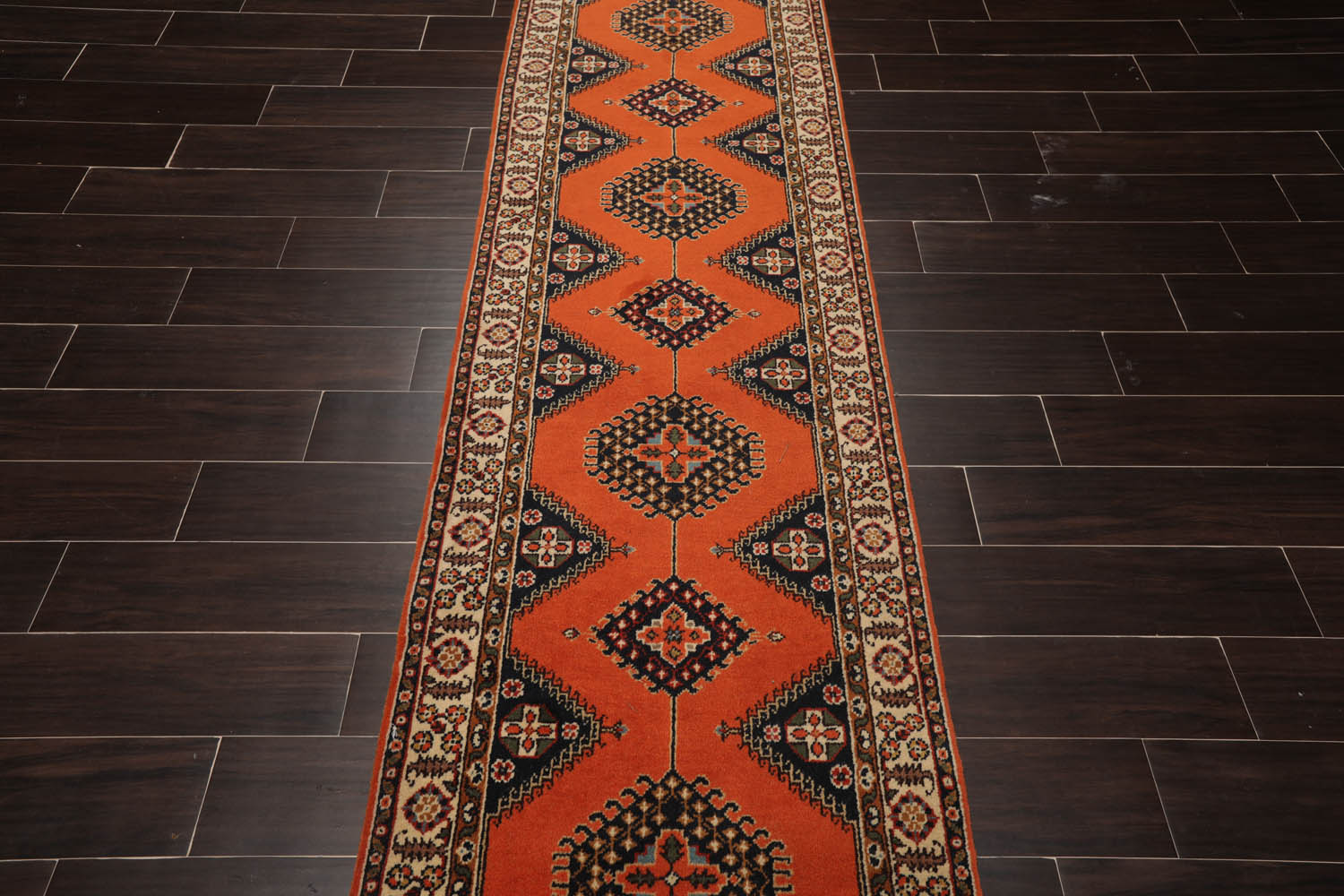 Runner Orange, Ivory, Midnight Blue Color Hand Knotted All-Over 100% Wool Traditional Oriental Rug