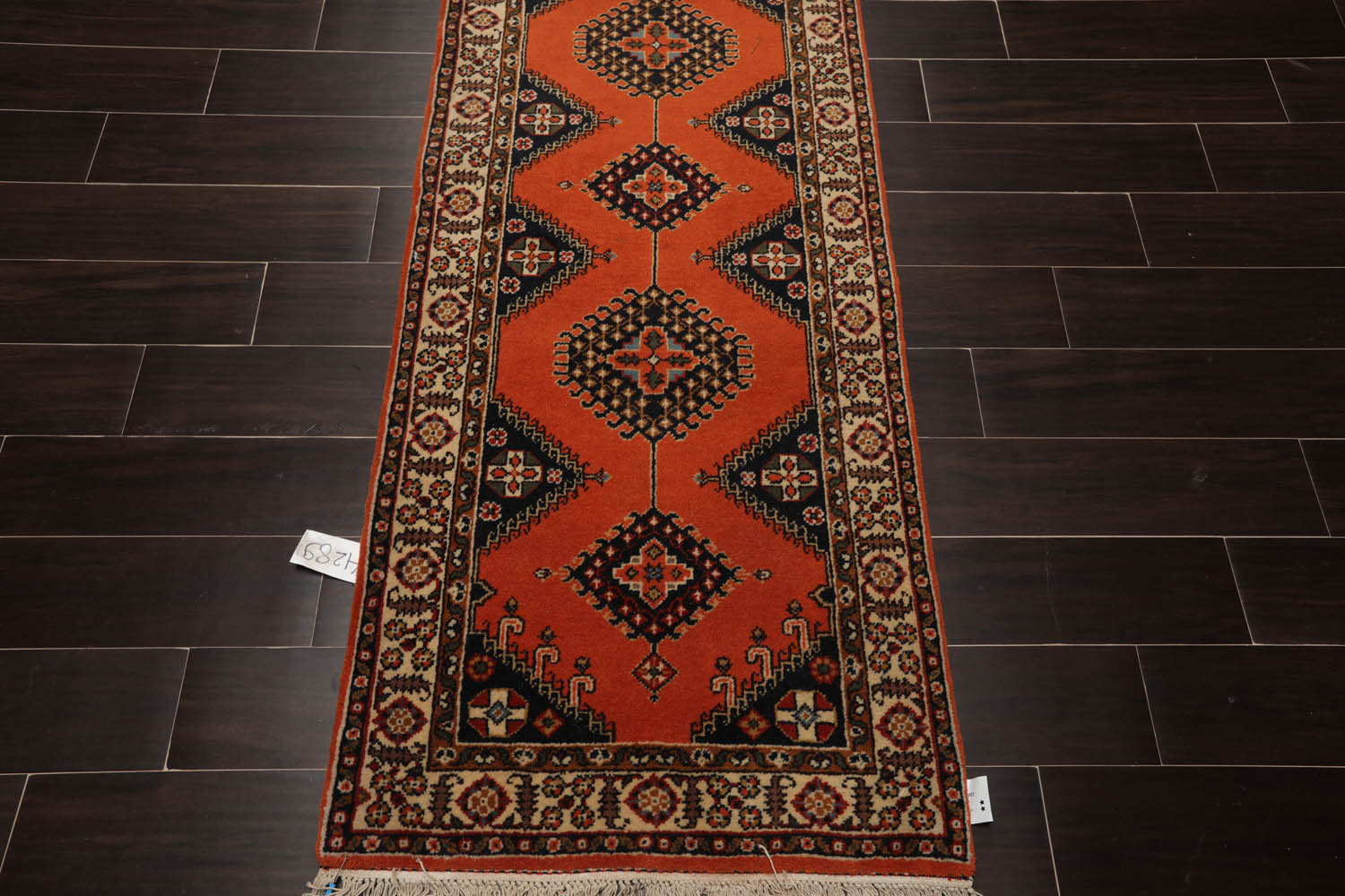 Runner Orange, Ivory, Midnight Blue Color Hand Knotted All-Over 100% Wool Traditional Oriental Rug