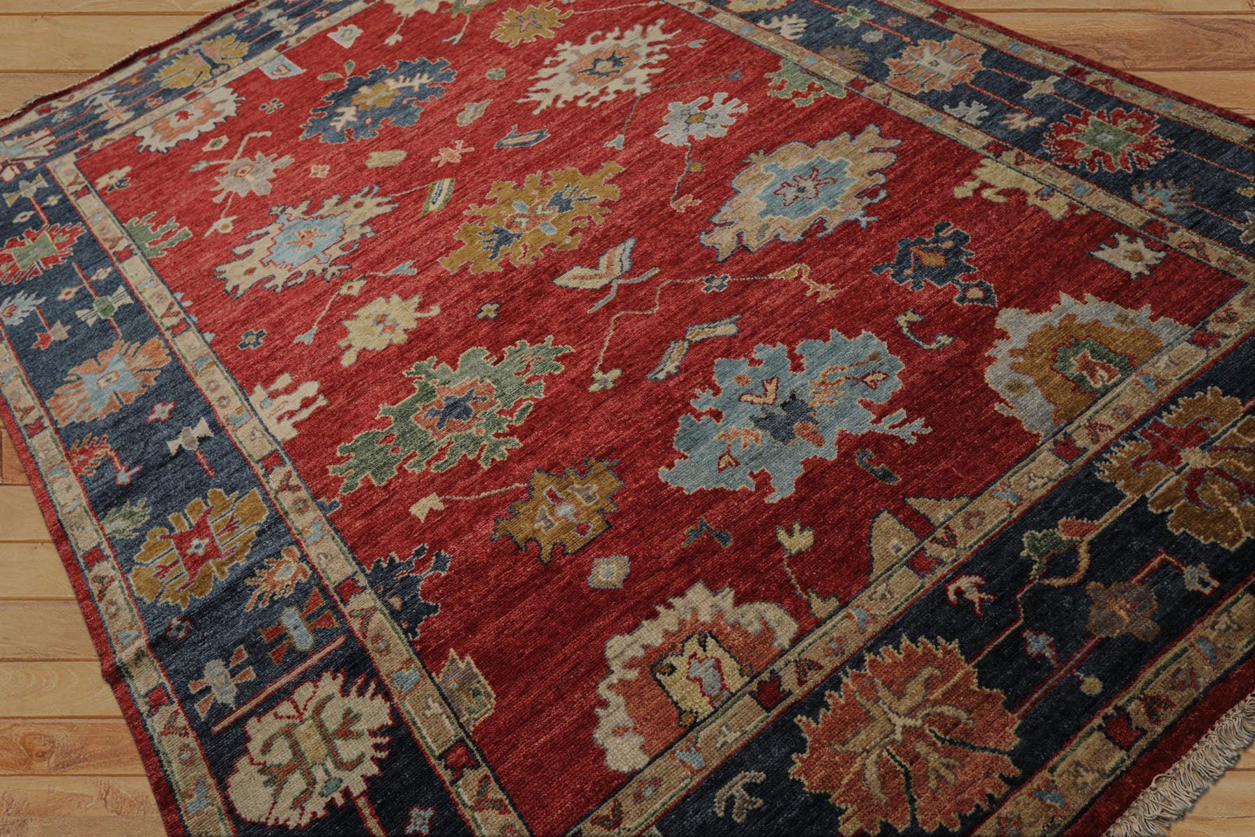 6x9 Red, Navy, Gold Color Hand Knotted Oushak Wool Traditional Oriental Rug