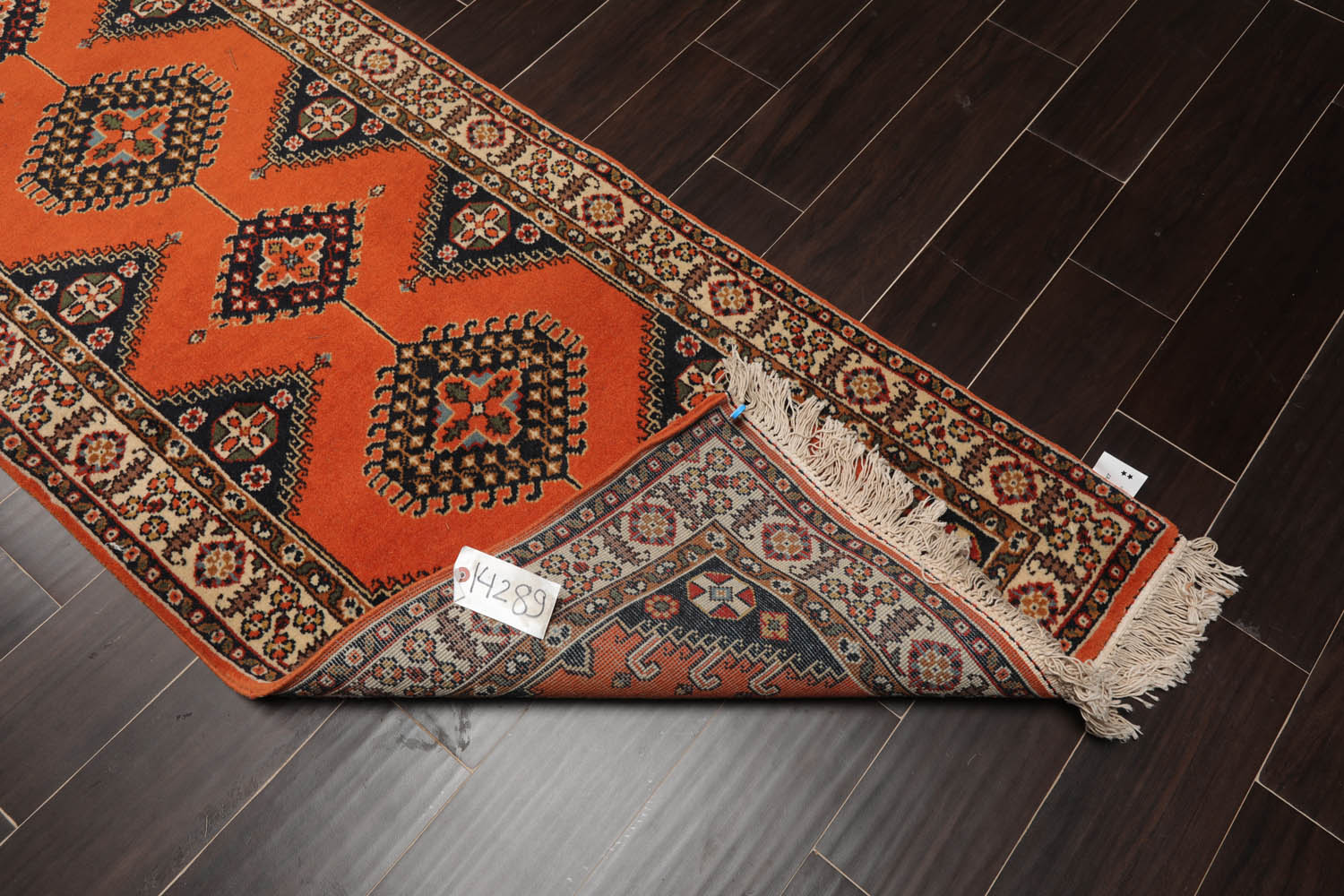 Runner Orange, Ivory, Midnight Blue Color Hand Knotted All-Over 100% Wool Traditional Oriental Rug