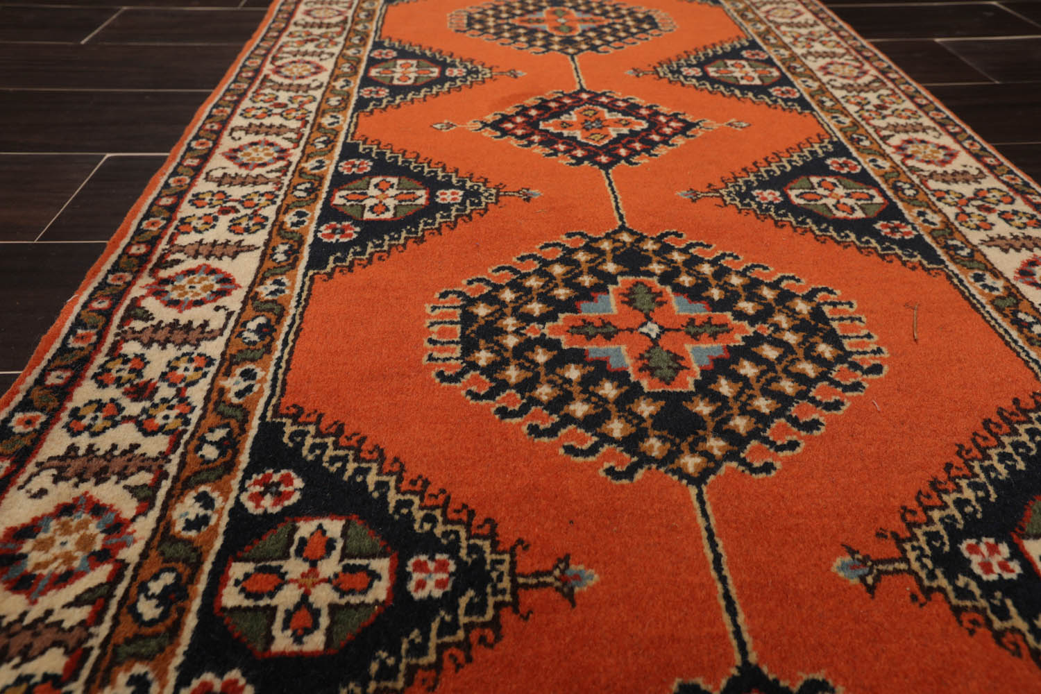 Runner Orange, Ivory, Midnight Blue Color Hand Knotted All-Over 100% Wool Traditional Oriental Rug