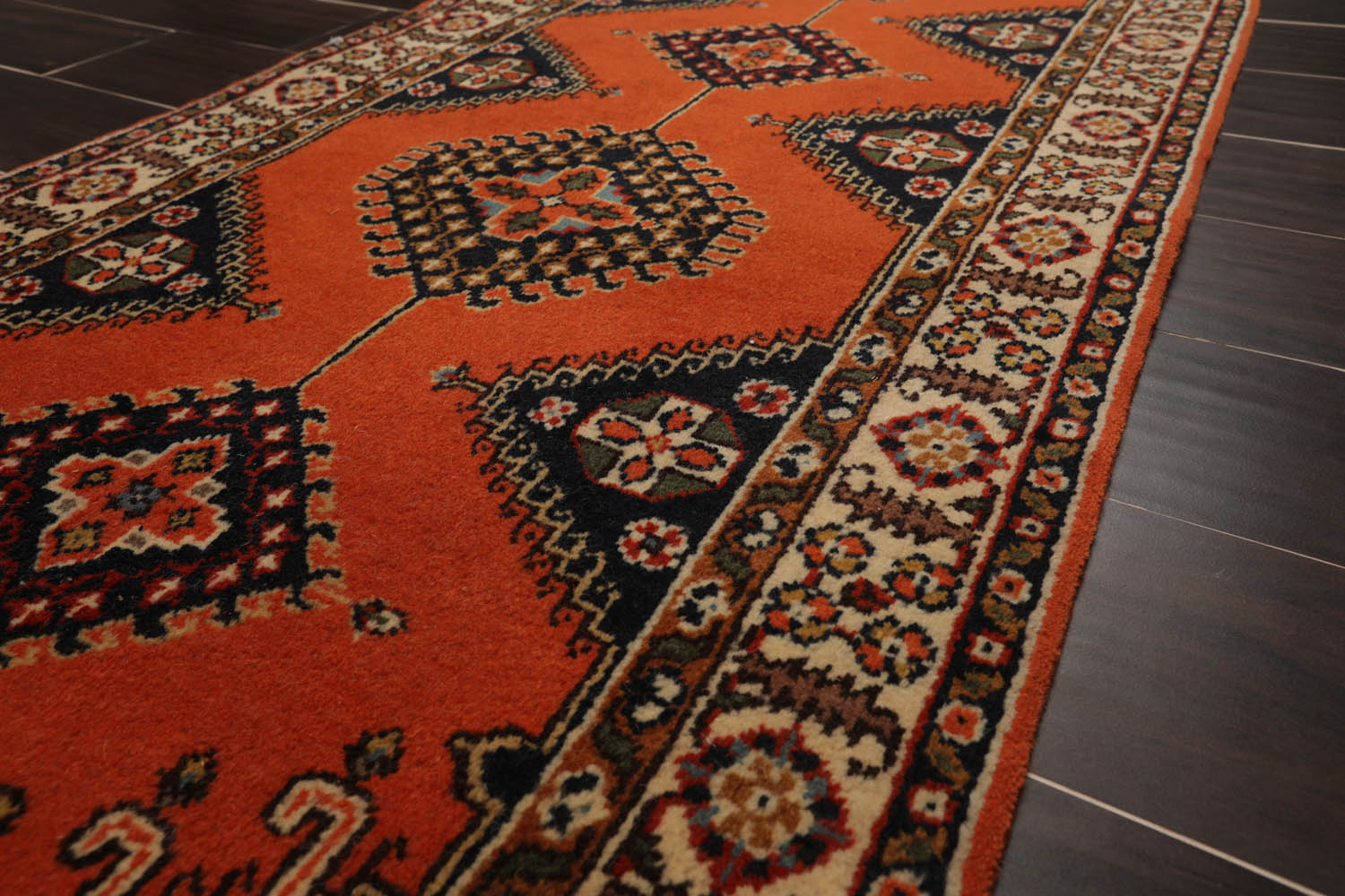 Runner Orange, Ivory, Midnight Blue Color Hand Knotted All-Over 100% Wool Traditional Oriental Rug
