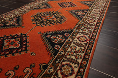 Runner Orange, Ivory, Midnight Blue Color Hand Knotted All-Over 100% Wool Traditional Oriental Rug