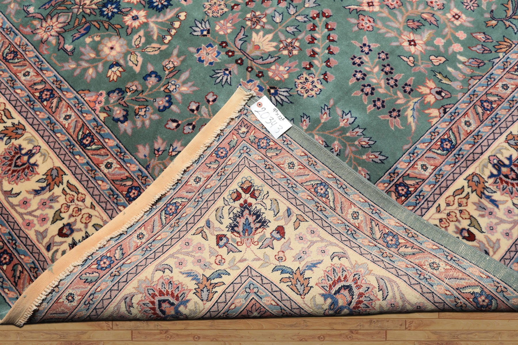 9x12 Turquoise, Ivory, Navy Color Hand Knotted Sarouk Wool Traditional Oriental Rug