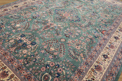 9x12 Turquoise, Ivory, Navy Color Hand Knotted Sarouk Wool Traditional Oriental Rug
