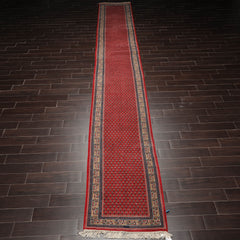Runner Red, Ivory, Navy Color Hand Knotted Paisley 100% Wool Traditional Oriental Rug