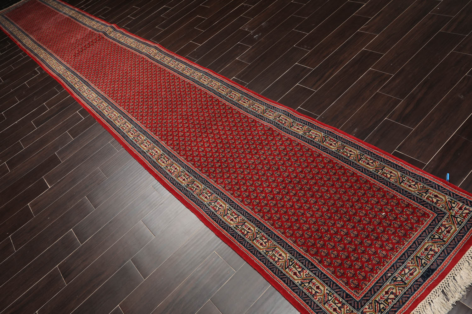 Runner Red, Ivory, Navy Color Hand Knotted Paisley 100% Wool Traditional Oriental Rug