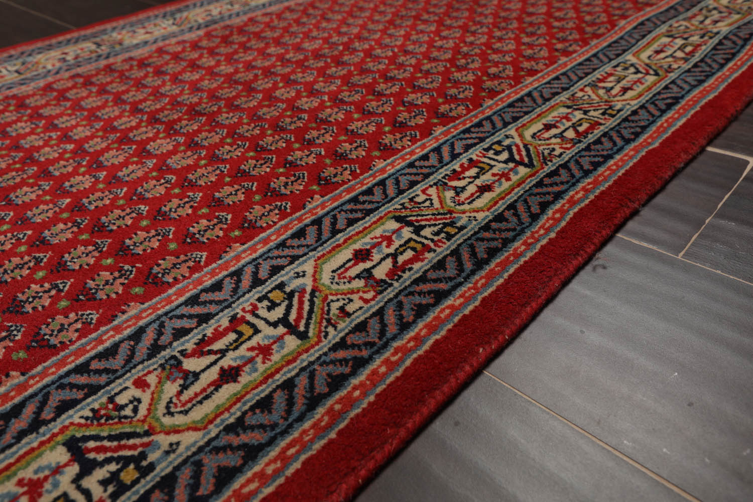 Runner Red, Ivory, Navy Color Hand Knotted Paisley 100% Wool Traditional Oriental Rug