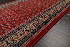 Runner Red, Ivory, Navy Color Hand Knotted Paisley 100% Wool Traditional Oriental Rug