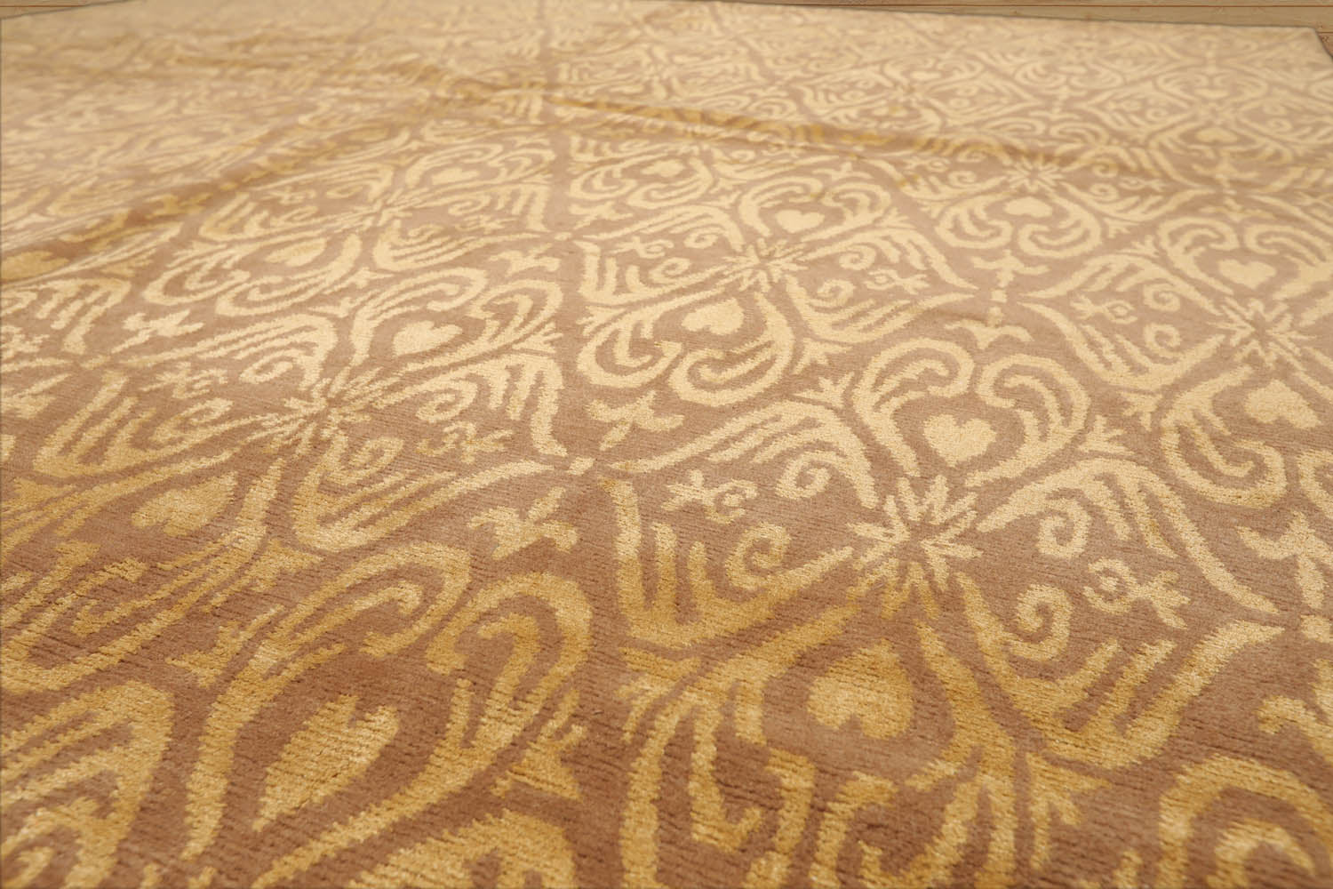 8x10 Tan, Gold, Color Hand Knotted All-Over Wool & Silk Transitional Oriental Rug