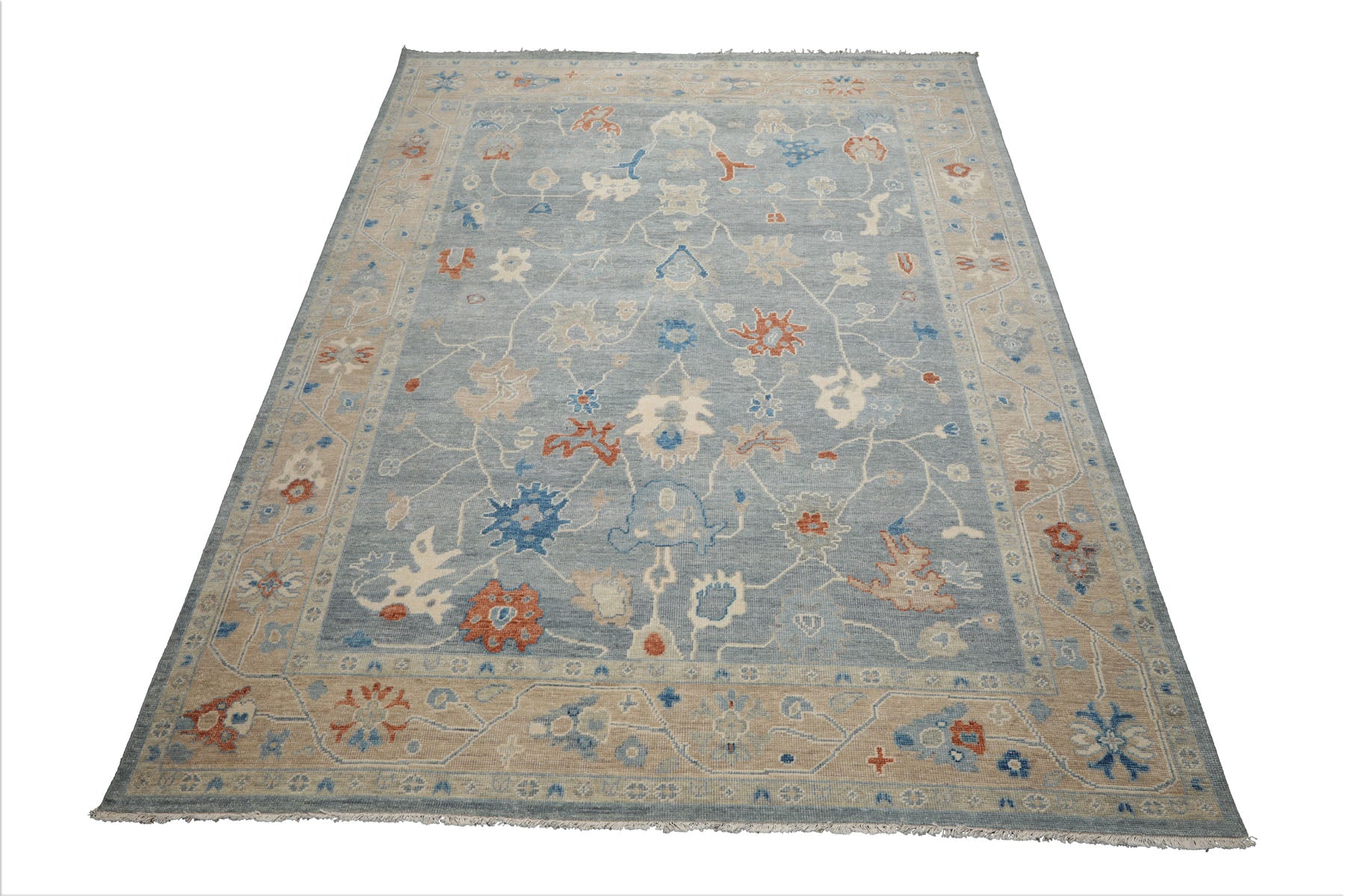 Multi Size Blue Taupe Ivory Color Hand Knotted Oushak Wool Arts & Crafts Oriental Rug
