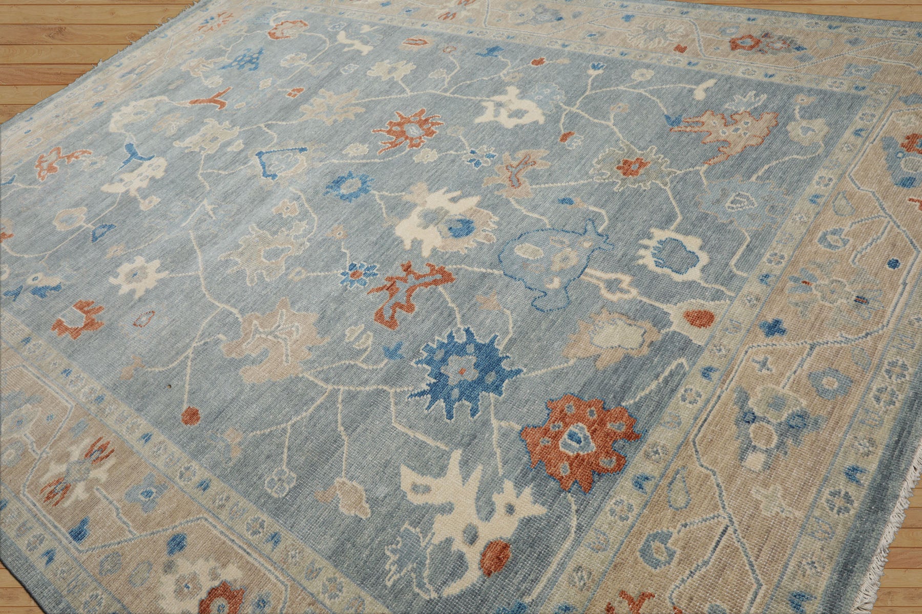 Multi Size Blue Taupe Ivory Color Hand Knotted Oushak Wool Arts & Crafts Oriental Rug