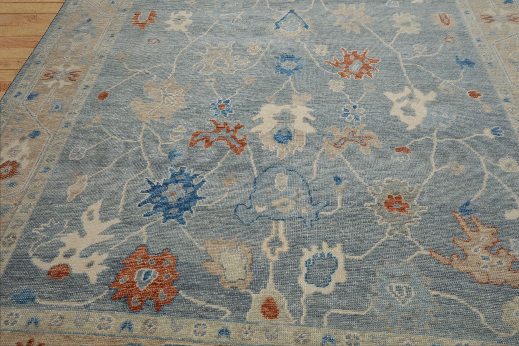 Multi Size Blue Taupe Ivory Color Hand Knotted Oushak Wool Arts & Crafts Oriental Rug