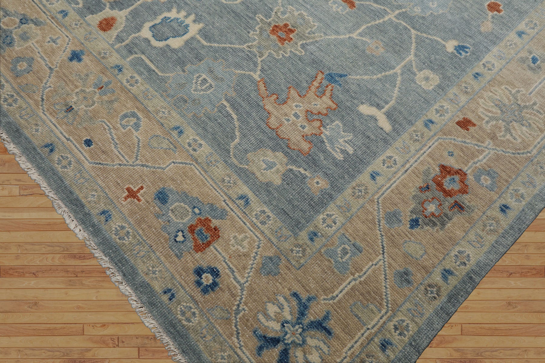 Multi Size Blue Taupe Ivory Color Hand Knotted Oushak Wool Arts & Crafts Oriental Rug