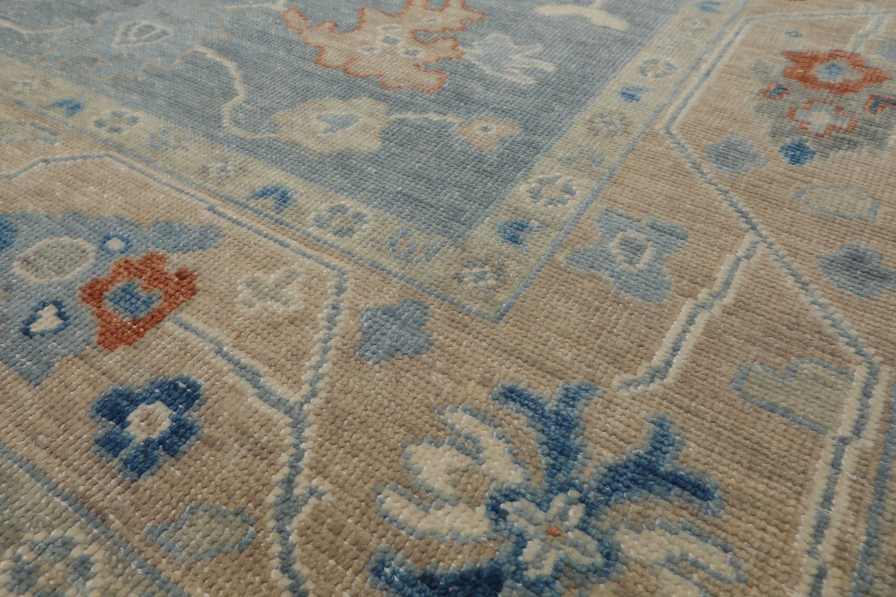 Multi Size Blue Taupe Ivory Color Hand Knotted Oushak Wool Arts & Crafts Oriental Rug