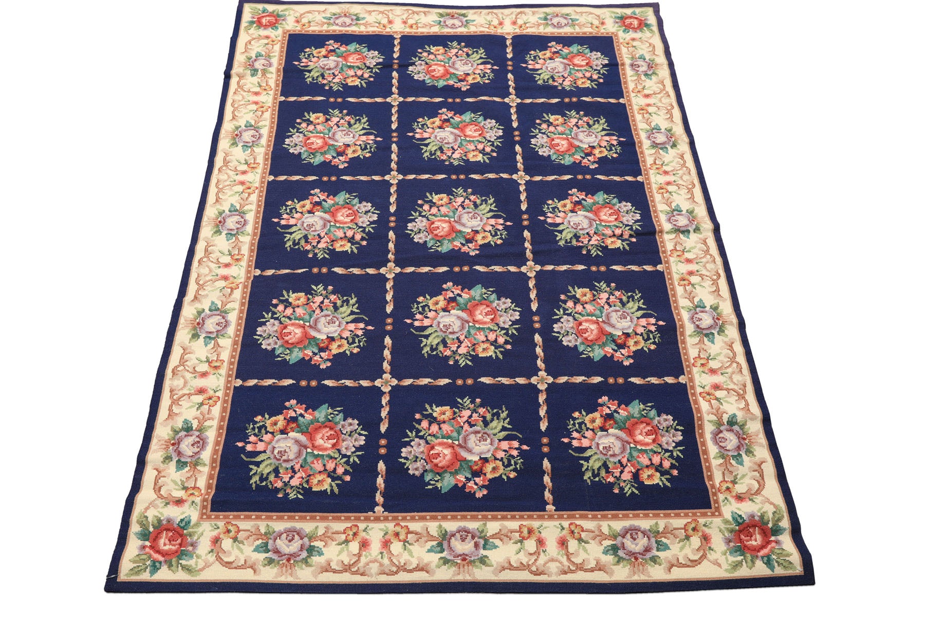 4x6 Navy, Ivory, Green Color Hand Knotted French Aubusson Needlepoint Wool Traditional Oriental Rug