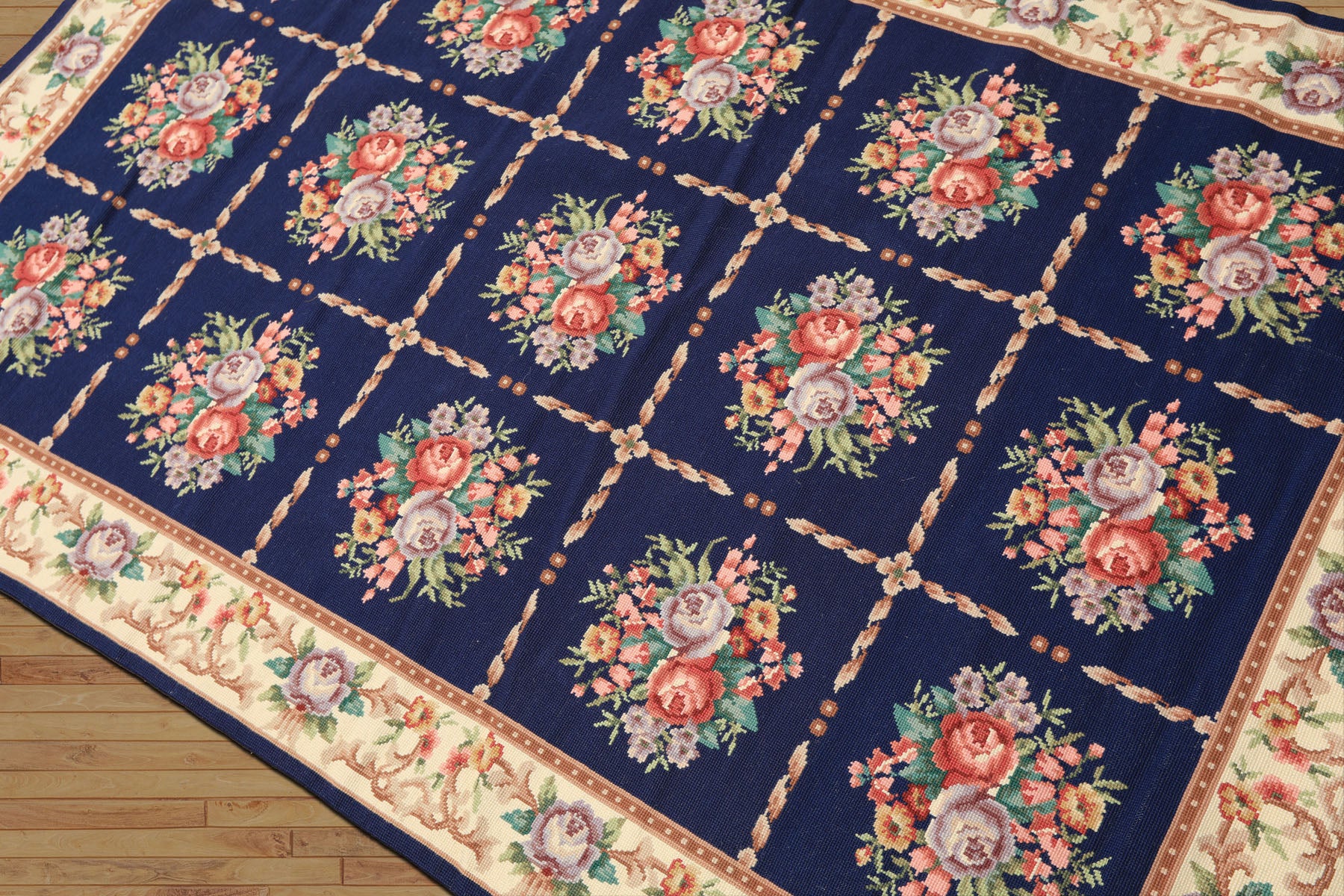 4x6 Navy, Ivory, Green Color Hand Knotted French Aubusson Needlepoint Wool Traditional Oriental Rug