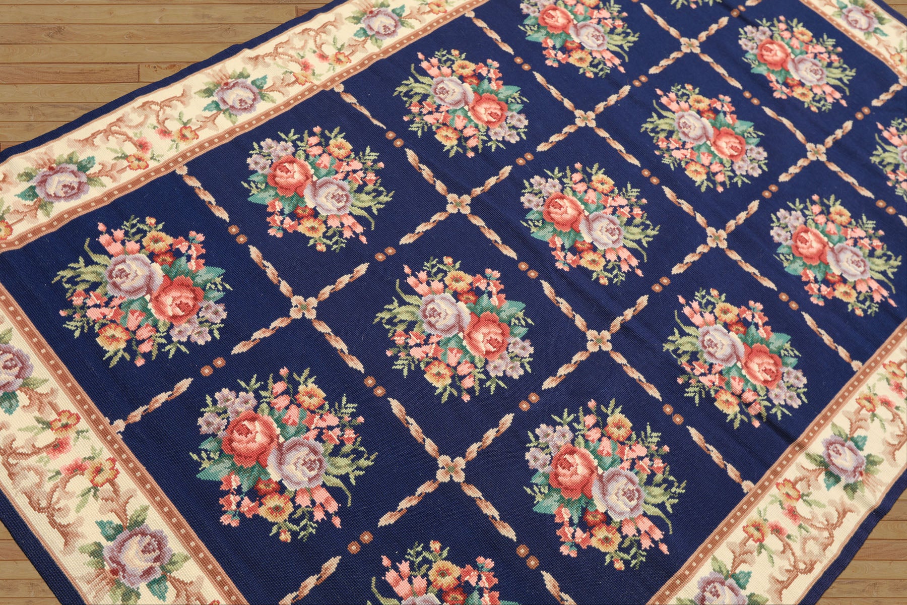 4x6 Navy, Ivory, Green Color Hand Knotted French Aubusson Needlepoint Wool Traditional Oriental Rug