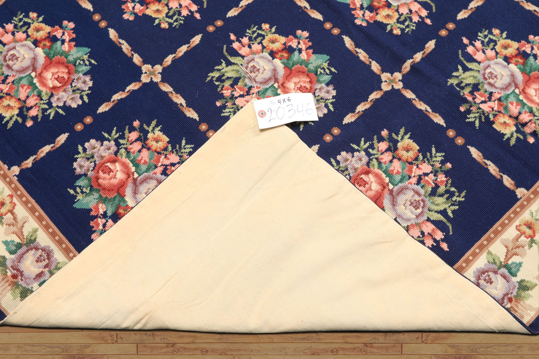 4x6 Navy, Ivory, Green Color Hand Knotted French Aubusson Needlepoint Wool Traditional Oriental Rug